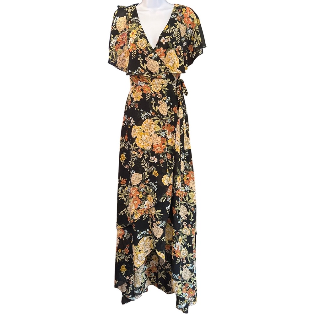 Modern Free Press Floral Wrap Maxi Dress Boho Cottagecore Romantic Botanical